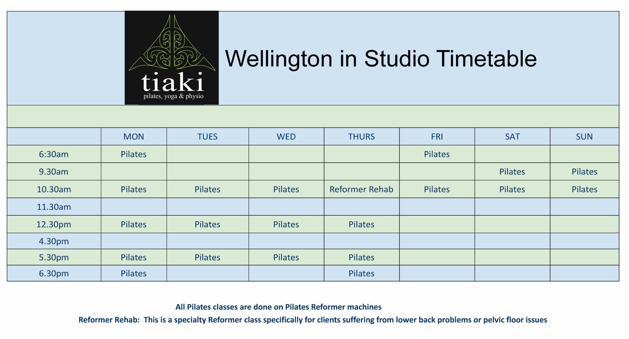 Timetable Tiaki Pilates and Physio